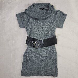 B.Wear Vintage Gray & Black Cowl Neck Jumbo Belt Women's Short Dress | Size L